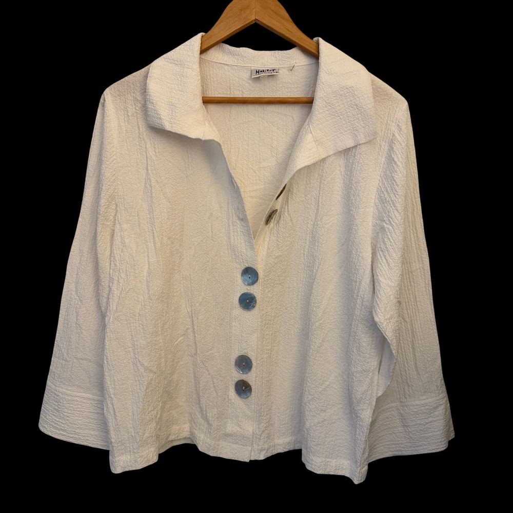 Habitat Button Front Womens Large White Textured Seersucker Boxy Excellent